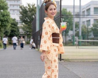 Japanese Cotton Yukata Set, Pretzel Pattern, with Easy Wear Pre-Tied Heko Obi