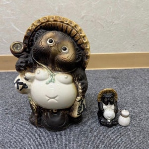 Vintage Tanuki Shigaraki yaki ware 2PCS Set,  Japanese Racoon Dog Ornament, Tanuki Desk Decor, S03