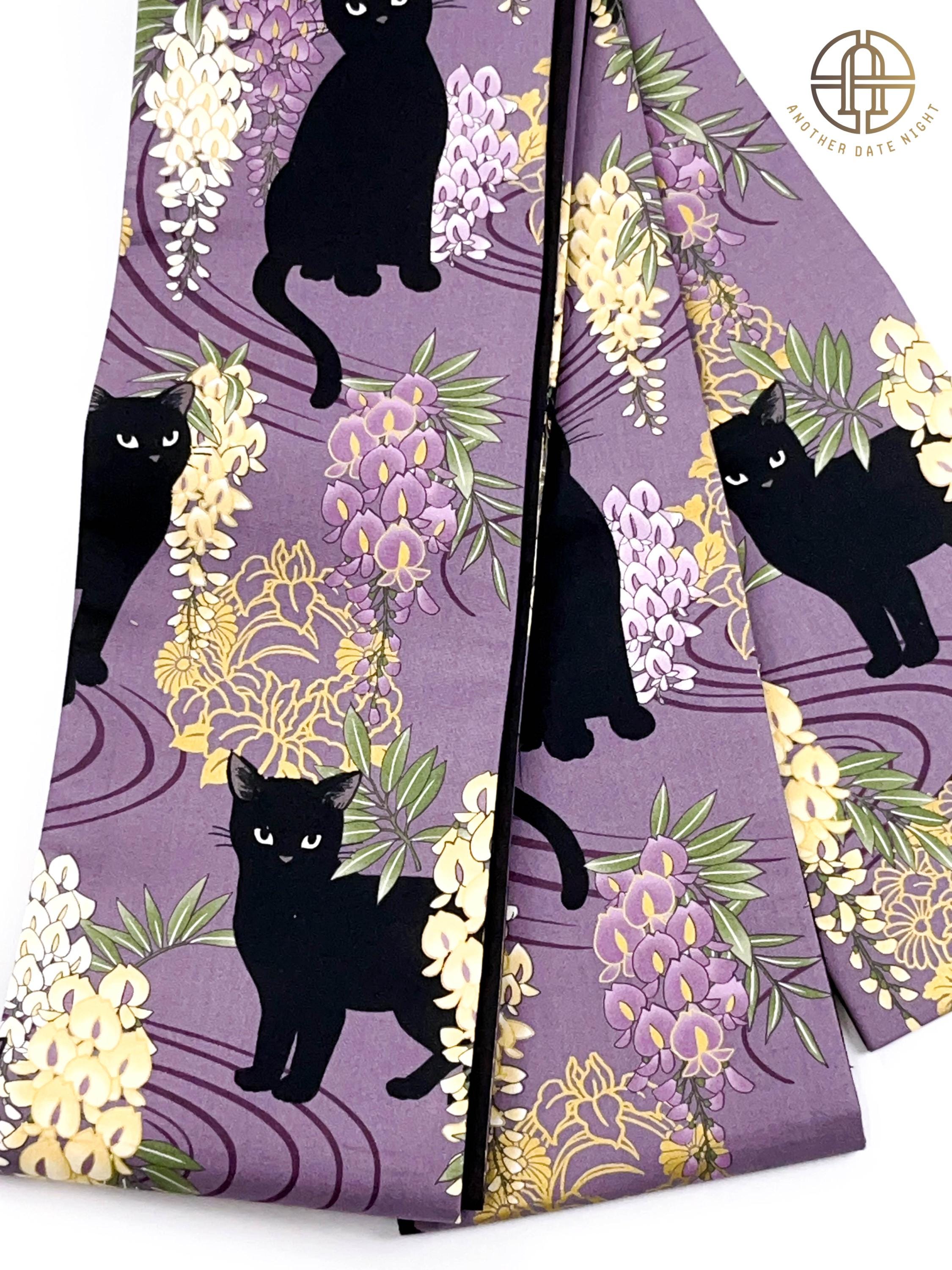 Wisteria Flower & Black Cat Hanhaba Belt, Half-width Obi for