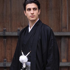 Men's Traditional Black Kimono 4/6/8PCS Set: Nagagi Kimono, Haori Jacket, Kaku Obi & Koshi Himo, Custom Kamon (Family Crests) Available