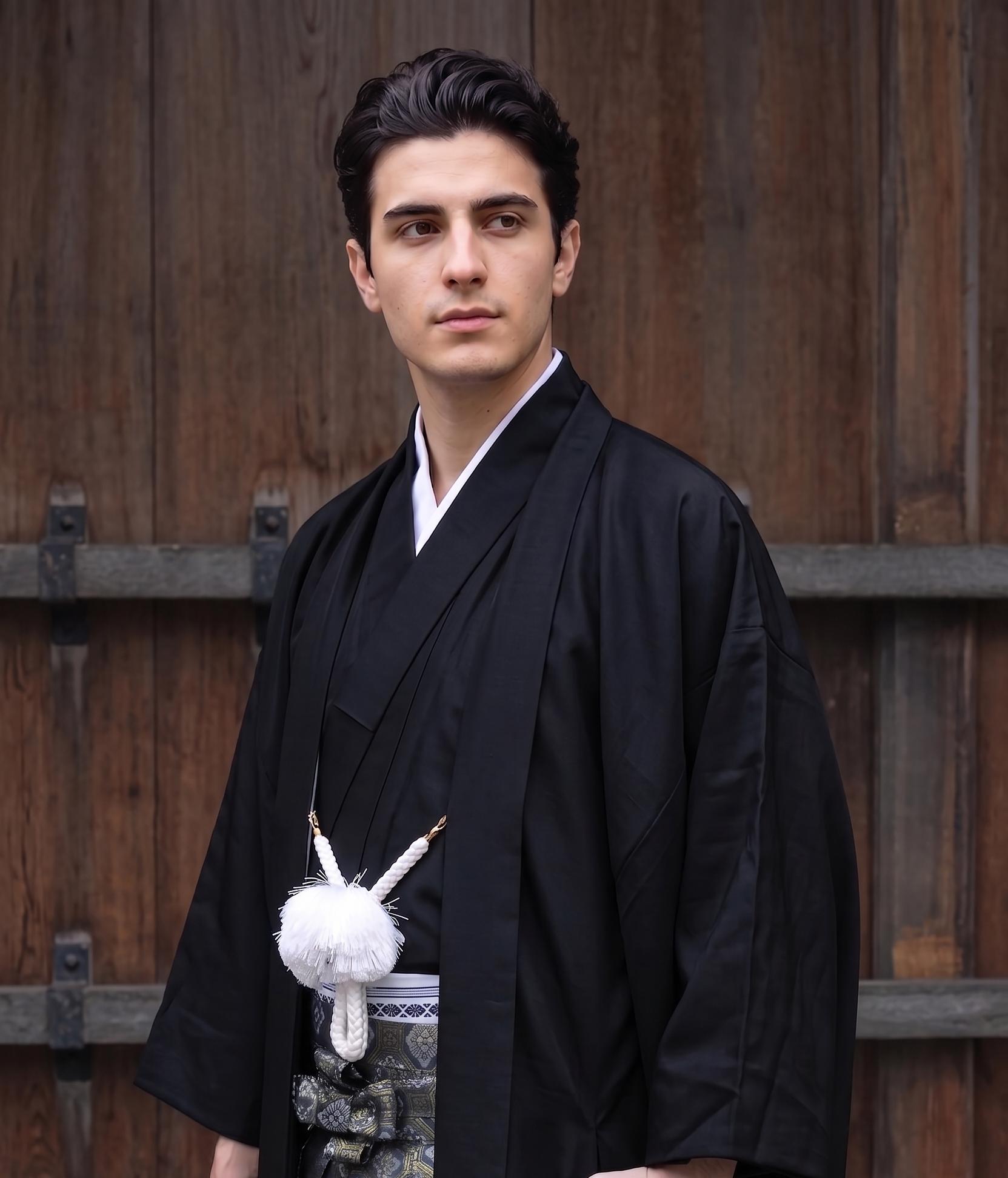 japanese dress style men Men's Traditional Black Kimono 4/6/8PCS Set: Nagagi Kimono, Haori Jacket, Kaku Obi & Koshi Himo, Custom Kamon (family Crests) Available japanese street style men