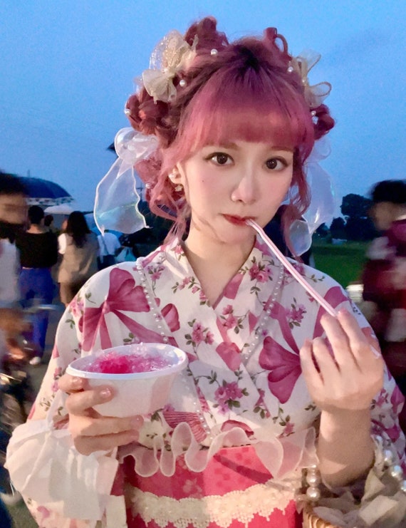 Japanese Pink Ribbon Yukata Set with Easy Wearing… - image 1