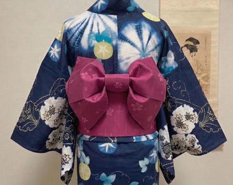 Pre-Tied Obi Belt Gift Set, Magenta Floral Pattern Butterfly Knot Obi, Objime & Obita Board