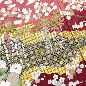 Rango A+ Vintage Pink Furisode Kimono, Grúa, Carro Real, Kimono Floral, Furisode de Seda Vintage Japonés, B30