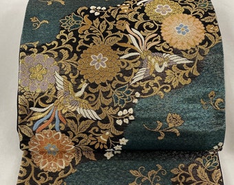 Y77 ヴィンテージ シルク 着物 帯 袋帯 金彩 刺繍 / 唐織 波 桜