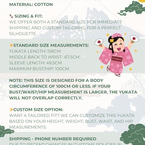 K&ouml;nnte beinhalten: Bild mit Text, der einen Yukata, ein traditionelles japanisches Kleidungsst&uuml;ck aus Baumwolle, detailliert. Standardgr&ouml;&szlig;enangaben sind angegeben: 158cm L&auml;nge, 67,5cm Mitte R&uuml;cken bis Handgelenk, 49,5cm &Auml;rmell&auml;nge und 100cm max. Brust/H&uuml;fte.