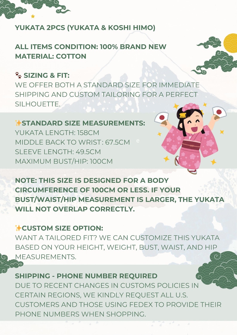 K&ouml;nnte beinhalten: Bild mit Text, der einen Yukata, ein traditionelles japanisches Kleidungsst&uuml;ck aus Baumwolle, detailliert. Standardgr&ouml;&szlig;enangaben sind angegeben: 158cm L&auml;nge, 67,5cm Mitte R&uuml;cken bis Handgelenk, 49,5cm &Auml;rmell&auml;nge und 100cm max. Brust/H&uuml;fte.