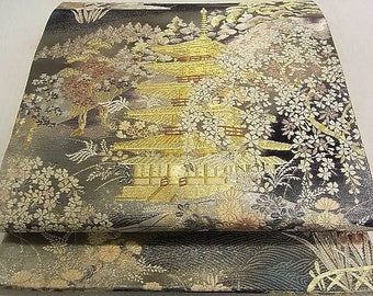 Rank A+ Vintage Obi Belt/Kimono Obi/ Fukuro Obi, Kinkaku-ji Temple, Golden Pavilion, OB64