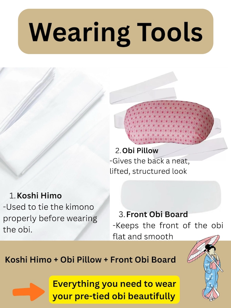 Pre-Tied Nagoya Obi, Taiko Knot, Owl Design Kimono Sash Obi + Wearing Tools