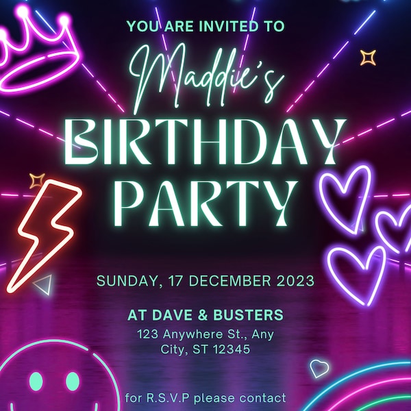 Neon Birthday Invitation Template, Neon lighys Birthday Invitation, Girl Birthday Invitation, neon colors, digital birthday invitation