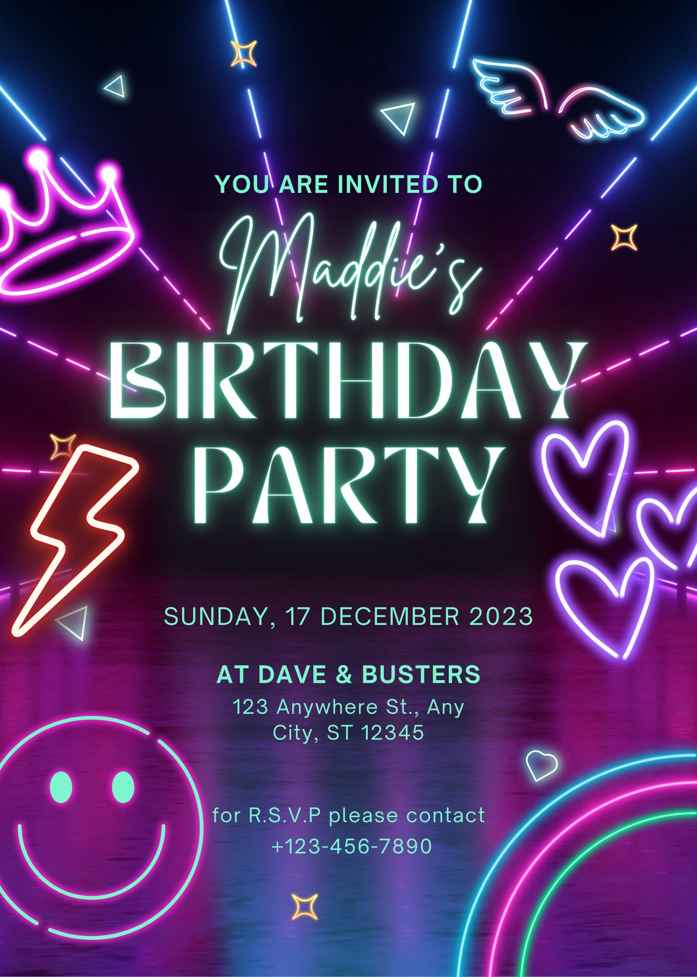 Neon Birthday Invitation Template, Neon Lighys Birthday Invitation
