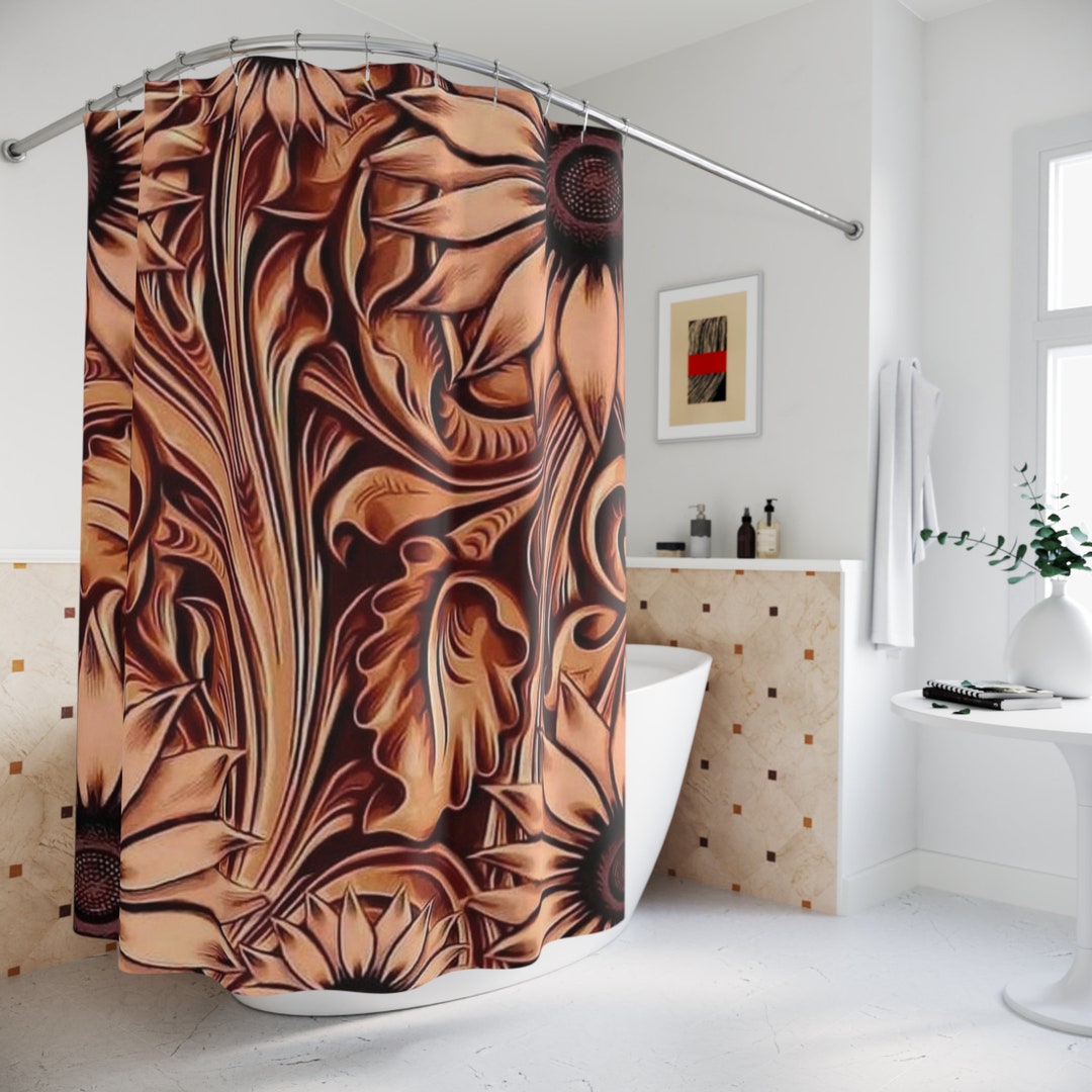 Tooled Leather Sunflower Shower Curtain Rustic Elegance for Etsy