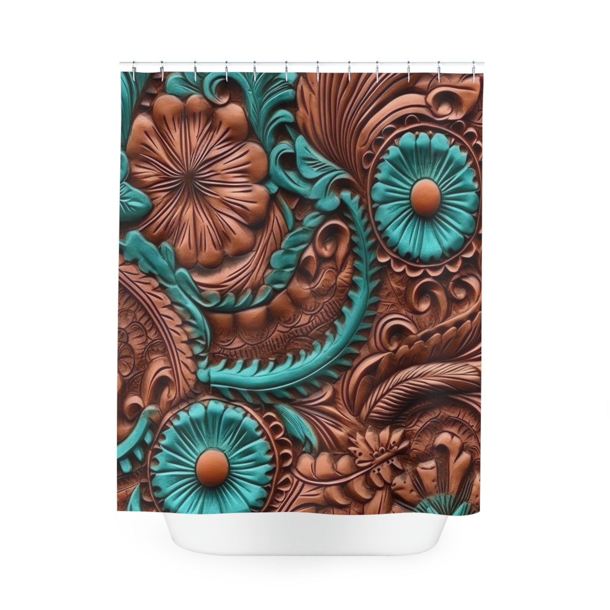 Turquoise and Tooled Leather Shower Curtain Rustic Elegance for Your