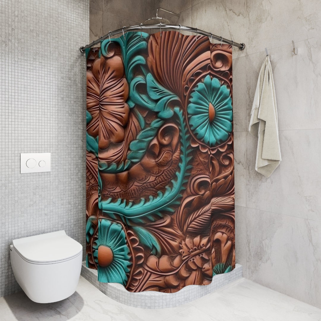 Turquoise and Tooled Leather Shower Curtain Rustic Elegance for Your