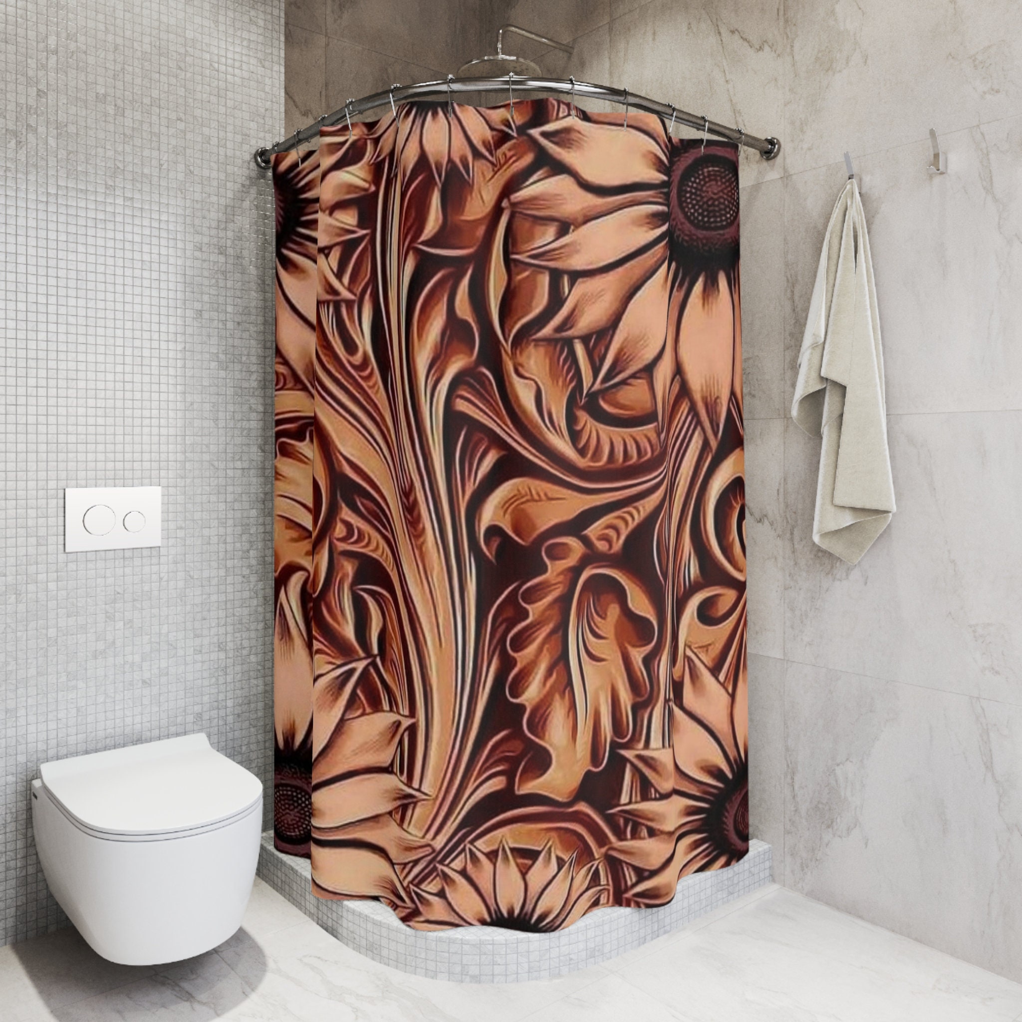 Tooled Leather Sunflower Shower Curtain Rustic Elegance for Etsy