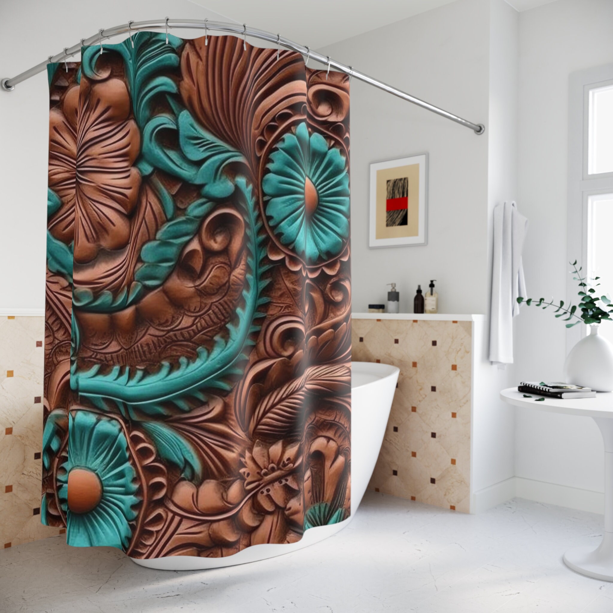 Turquoise and Tooled Leather Shower Curtain Rustic Elegance Etsy
