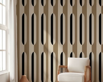 Mid Century Large Geometric Wallpaper / Peel and Stick / Traditional / Retro / Vintage / Black / Beige / Tan / Art Deco /