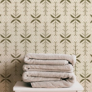 Neutral Floral Vintage Wallpaper in Beige and Green / Peel and Stick / Traditional / Americana / Bohemian / Farmhouse / Geometric / Rustic