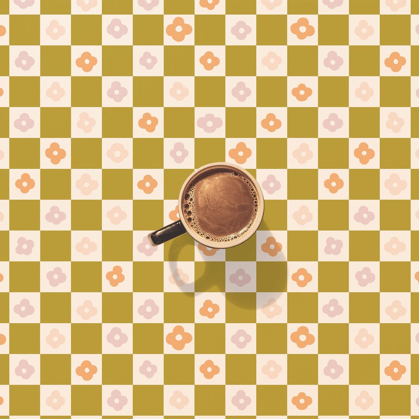 Retro Checkered Floral Wallpaper in Lime Green, Pink, Purple, and Orange / Peel and Stick / Traditional / Retro / Vintage / Geometric