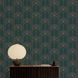 Emerald Green Art Deco Geometric Wallpaper / Peel and Stick / Traditional / Retro / Green / Pink / Vintage / Art Deco /
