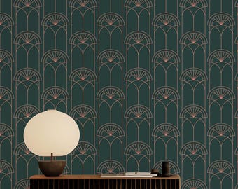 Emerald Green Art Deco Geometric Wallpaper / Peel and Stick / Traditional / Retro / Green / Pink / Vintage / Art Deco /