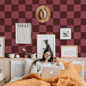 Dark Pink and Maroon Checkered Wallpaper / Peel and Stick / Traditional / Americana / Square / Geometric / Retro / Bright / Vintage