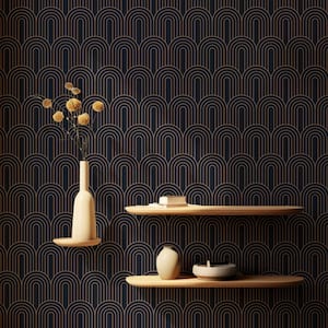 Carta da parati ad arco Art Déco in blu navy e oro / Stacca e attacca / Tradizionale / Retro / Vintage / Art Déco / Scallop / Moody /