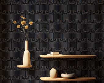 Art Deco Arched Wallpaper in Navy Blue and Gold / Peel and Stick / Traditional / Retro / Vintage / Art Deco / Scallop / Moody /