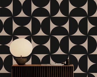 Bold Geometric Wallpaper in Beige and Gray Black / Peel and Stick / Traditional / Retro / Vintage / Mid Century Modern / Abstract /