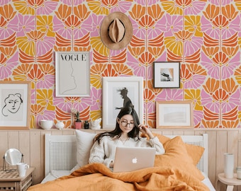 Bold Boho Floral Wallpaper in Orange, Pink, Yellow, and Red / Peel and Stick / Traditional / Bohemian / Retro / Abstract / Vintage / Bright