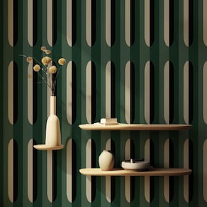 Carta da parati geometrica grande verde smeraldo di metà secolo / Stacca e attacca / Tradizionale / Retro / Verde / Nero / Beige / Marrone chiaro / Art Deco