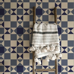 Carta da parati Blue Americana Quilt in blu navy e crema/ Stacca e attacca / Tradizionale / Americana / Boho / Fattoria / Vintage / Geometrica
