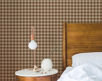 Gingham Print Wallpaper in Brown and Beige / Peel and Stick / Traditional / Americana / Farmhouse / Vintage / Plaid