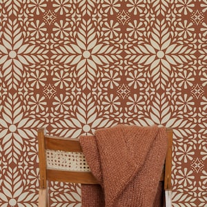 Carta da parati con stampa color ruggine arancione e beige / Stacca e attacca / Tradizionale / Americana / Boho / Fattoria / Vintage / Floreale / Rustico Geometrico