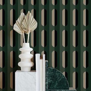 Carta da parati geometrica piccola di metà secolo verde smeraldo / Stacca e attacca / Tradizionale / Retro / Vintage / Nero / Beige / Verde / Art Deco