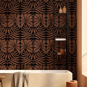May include: A white bathtub with a brown towel hanging on the side, a wooden stool, and a brown cylindrical container. The bathroom has a black metal shelf with bottles and a brown and black patterned wallpaper.