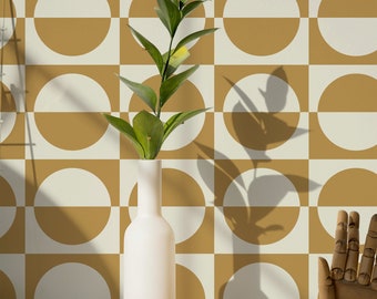 Mid Century Circle Wallpaper in Gold and Cream / Peel and Stick / Traditional / Retro / Vintage / Geometric / Bold