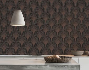 Moody Art Deco Scalloped Wallpaper in Mauve and Dark Blue Green/ Peel and Stick / Traditional / Retro / Vintage / Art Deco / Victorian