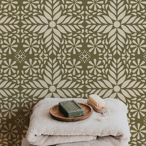 Tapete im olivgrün und beige Print / schälen und aufkleben / Traditionell / Americana / Boho / Bauernhaus / Vintage / Floral / rustikal