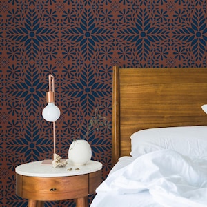 Vintage Tapete, Rost-Orange und Marineblau / Schälen und Aufkleben / Traditionell / Americana / Boho / Landhaus / Rustikal / Geometrisch