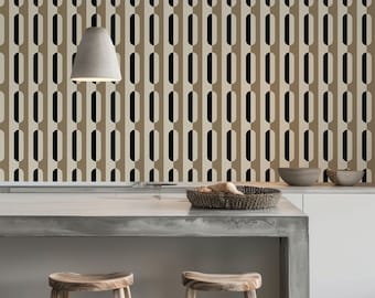 Mid Century Small Geometric Wallpaper / Peel and Stick / Traditional / Retro / Vintage / Black / White / Tan / Art Deco
