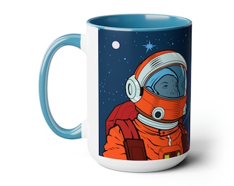 Retro Illustrated Astronaut and Rockets in Space Two-Tone Coffee Mugs, 15oz