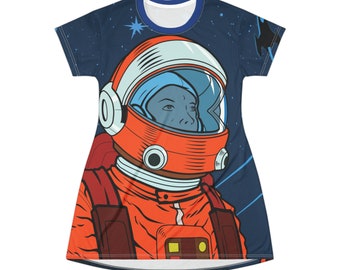 Retro Illustrated Astronaut and Rockets in Space All Over Print T-Shirt Dress