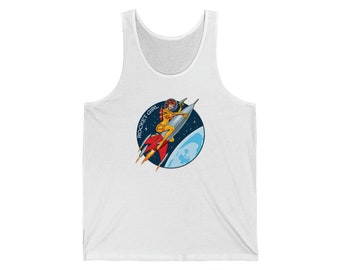 Retro Rocket Girl in Space Unisex Jersey Tank