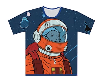 Retro Illustrated Astronaut and Rockets in Space Men's Loose T-shirt