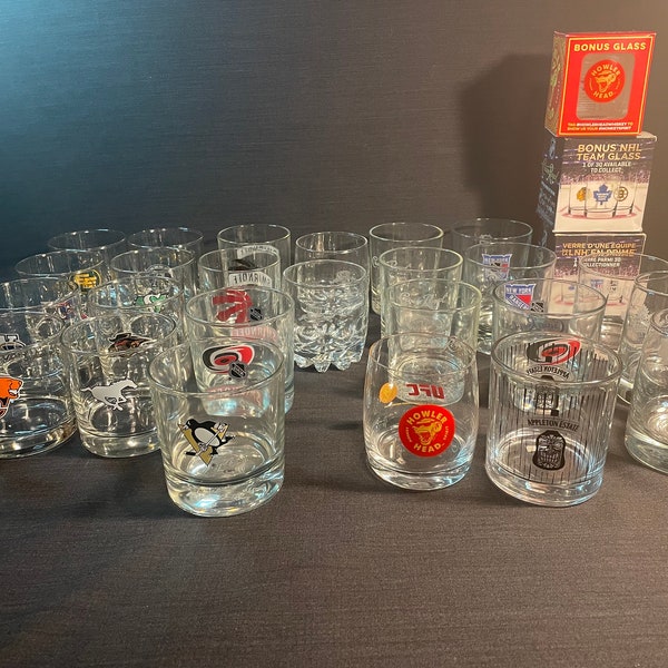 Vintage NHL NBA CFL Crown Royal Smirnoff Glasses Tumbler Cocktail Whiskey Glass Appleton Estate Howler Head Ufc