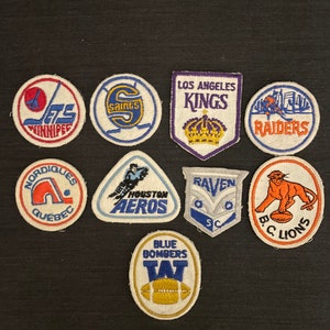 Vintage NHL CFL Sports Team Patch Kings Nordiques Saints Lions Bombers Jets Aeros Raven