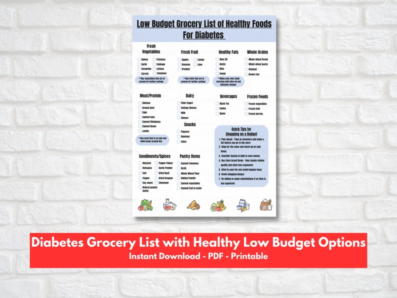 Printable Digital Healthy Low Budget Diabetes Grocery List Over 80