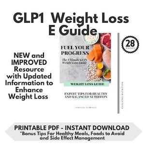 May include: A digital weight loss guide titled "GLP1 Weight Loss E Guide" with the text "New and Improved Resource with Updated Information to Enhance Weight Loss." The guide includes images of food and states "Fuel Your Progress."