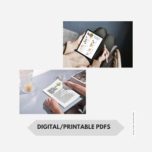 May include: A digital tablet displaying a colourful nutrition guide, held by a person. Below, a printed document with text and a glass of water. The image also includes the text "DIGITAL/PRINTABLE PDFS" and "EVOLVING NUTRITION".